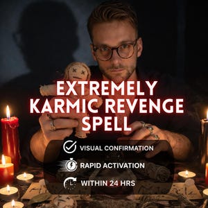 Könnte beinhalten: Ein Mann mit Brille hält eine Voodoo-Puppe, umgeben von Kerzen. Der Text lautet "EXTREMELY KARMIC REVENGE SPELL" mit Symbolen für visuelle Bestätigung, schnelle Aktivierung und innerhalb von 24 Stunden.