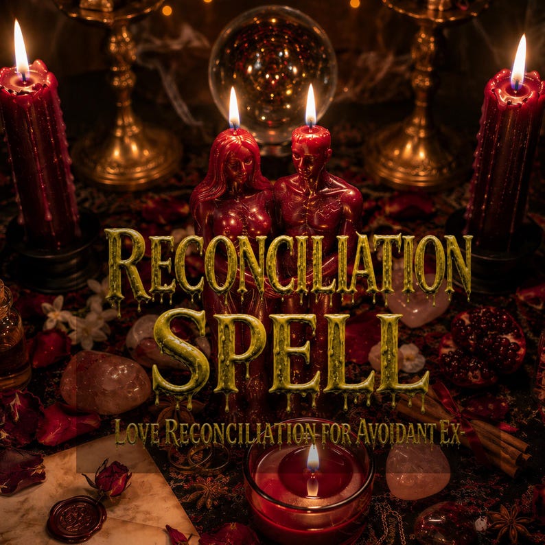 May include: Two red wax figures of a couple stand between two tall red pillar candles and a glass sphere. The text RECONCILIATION SPELL LOVE RECONCILIATION FOR AVOIDANT EX is centered in gold lettering. The scene includes scattered crystals and petals.