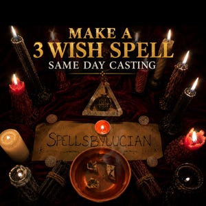 Puede incluir: Una colección de velas encendidas de varios colores y texturas dispuestas sobre una superficie de terciopelo rojo oscuro. Un cuenco de cobre contiene objetos pequeños y un papel de pergamino muestra el texto "SPELLSBYLUCIAN" bajo el título "MAKE A 3 WISH SPELL SAME DAY CASTING".