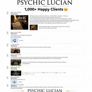 May include: A digital display of customer reviews for Psychic Lucian, featuring the header 1,000+ Happy Clients. The list includes multiple five-star ratings, user names, dates, and text testimonials alongside small thumbnail images of service listings.