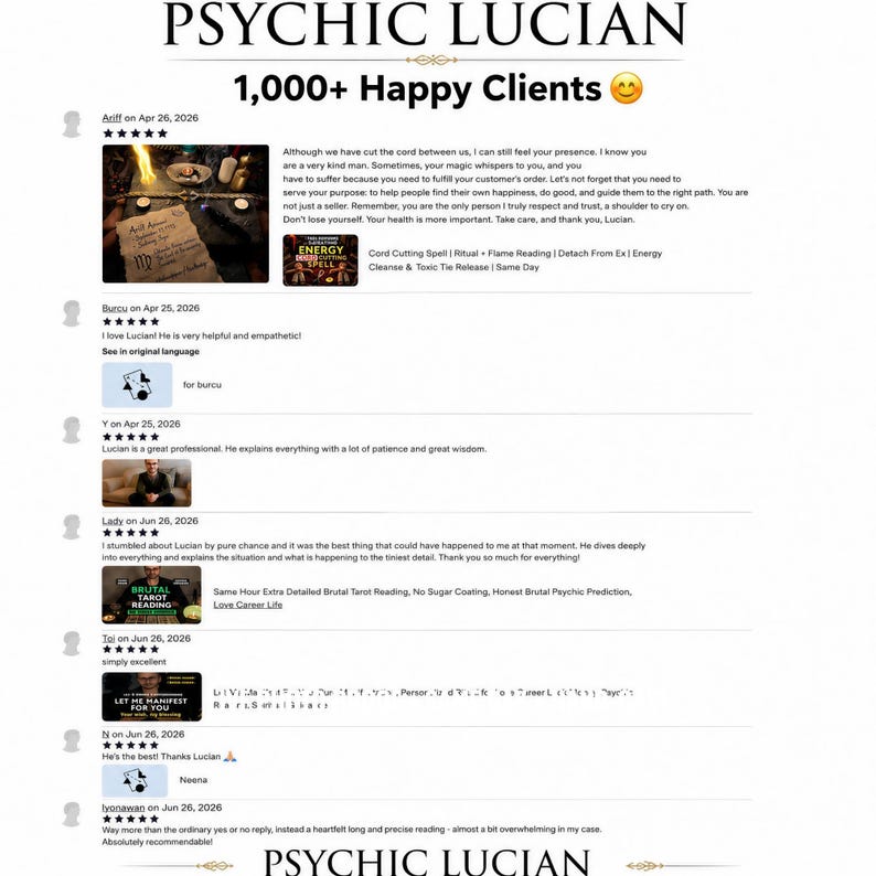 May include: A digital display of customer reviews for Psychic Lucian, featuring the header 1,000+ Happy Clients. The list includes multiple five-star ratings, user names, dates, and text testimonials alongside small thumbnail images of service listings.
