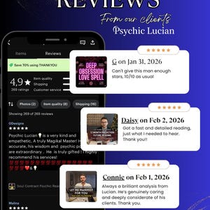 May include: A smartphone screen displays customer reviews for Psychic Lucian. The reviews include text and star ratings. The top of the image reads "REVIEWS" and "From our clients Psychic Lucian."