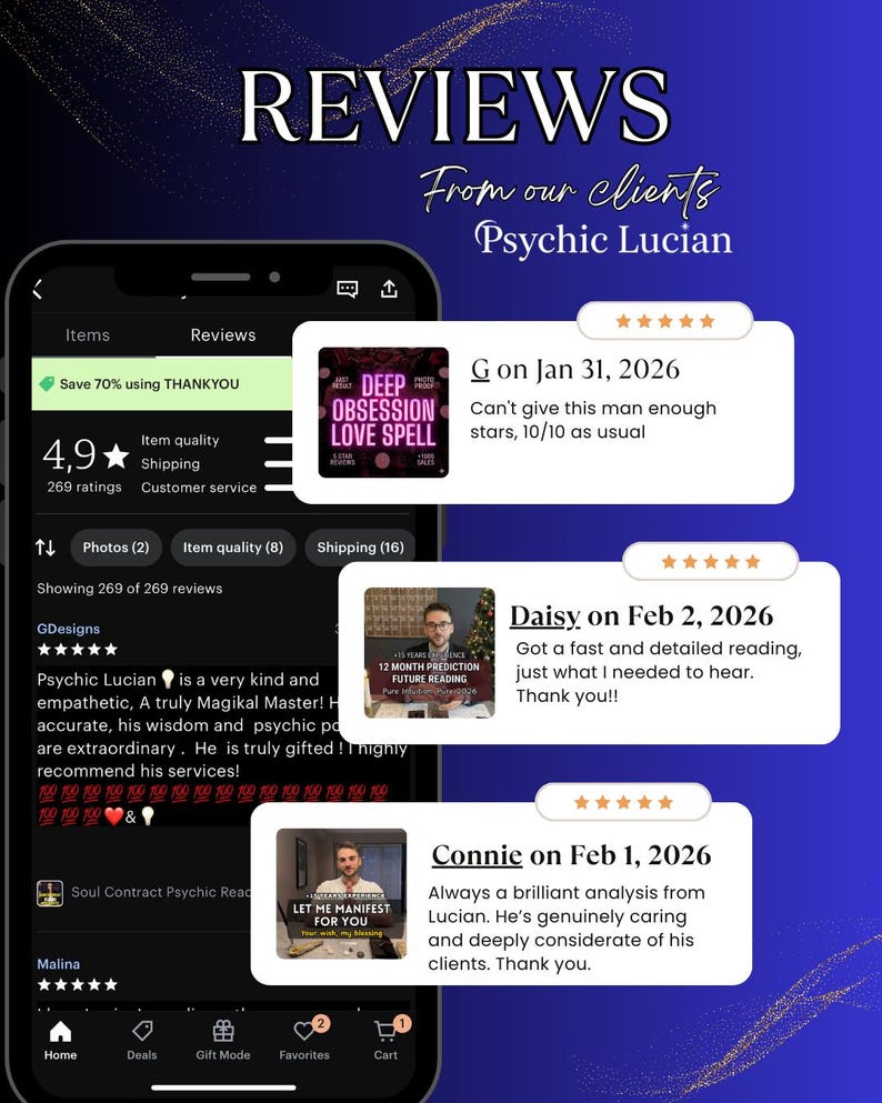 May include: A smartphone screen displays customer reviews for Psychic Lucian. The reviews include text and star ratings. The top of the image reads "REVIEWS" and "From our clients Psychic Lucian."