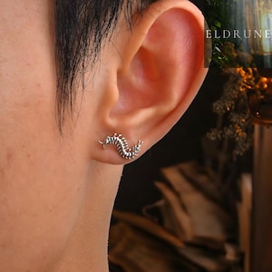 Puede incluir: Se muestra un pendiente de plata con forma de ciempiés. El pendiente presenta un cuerpo segmentado detallado y pequeñas antenas. El pendiente se lleva en una oreja, con un fondo borroso. Joya de plata.