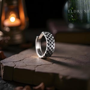 Peut inclure: Une bague en argent avec un motif d'écailles, posée sur une surface sombre et texturée. Le design de la bague ressemble à des écailles de dragon, avec une texture détaillée. Le mot "ELDRUNE" est visible en arrière-plan. C'est un bijou.