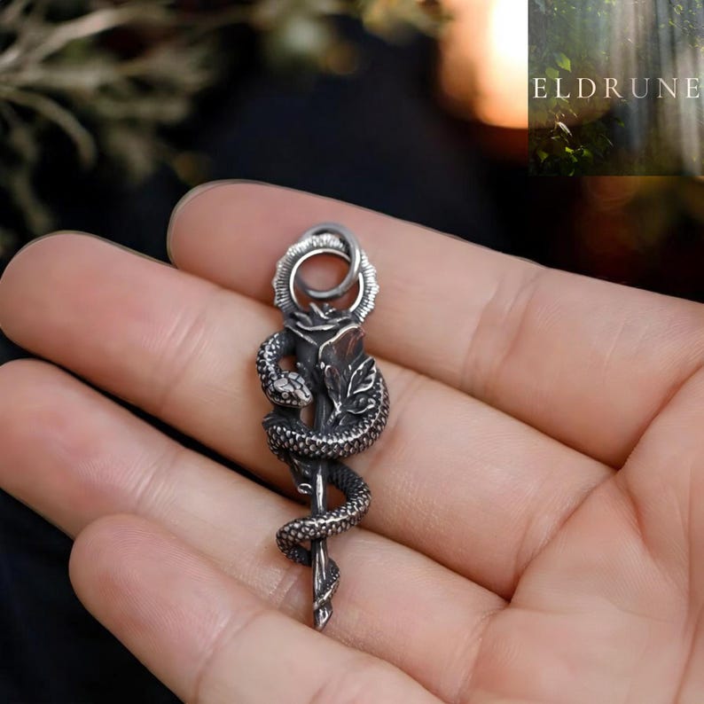 Word Card Snake Silver Snake Rose Pendant Necklace, Stainless Steel Serpent Reptile ...