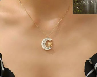 Collar de luna y sol de cristal de oro y plata, colgante celestial chapado en latón y plata de ley 9255, joyería astrológica, regalo con dije de Sol y Luna
