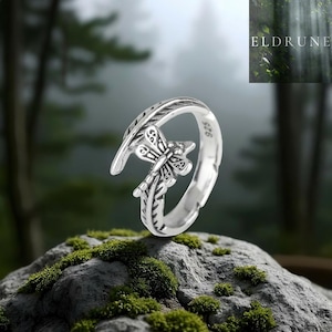 Libelle ring, 925 sterling zilveren insectensieraad, verstelbare ring met natuurmotief, botanisch accessoire geïnspireerd op de natuur, cadeau voor haar.