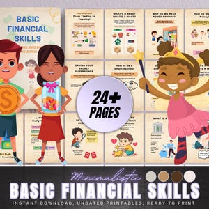 Puede incluir: Una impresión educativa colorida titulada "Basic Financial Skills" con ilustraciones de dibujos animados. La portada presenta a dos niños sosteniendo una moneda y un tarro de dinero. La imagen incluye el texto "24+ Páginas" y "Instant Download, Undated Printables, Ready to Print."