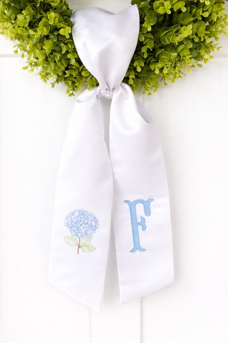 Personalized Hydrangea Wreath Sash | Embroidered Initial Door Decor - Etsy