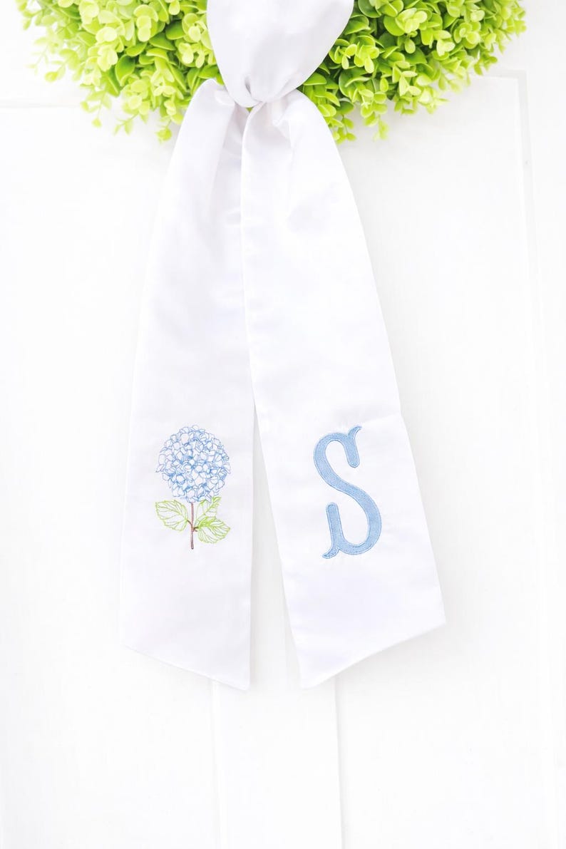 Personalized Hydrangea Wreath Sash | Embroidered Initial Door Decor - Etsy