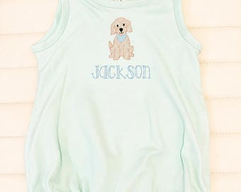 Personalized Puppy Bubble Romper | Embroidered Dog Baby Outfit, Custom Name