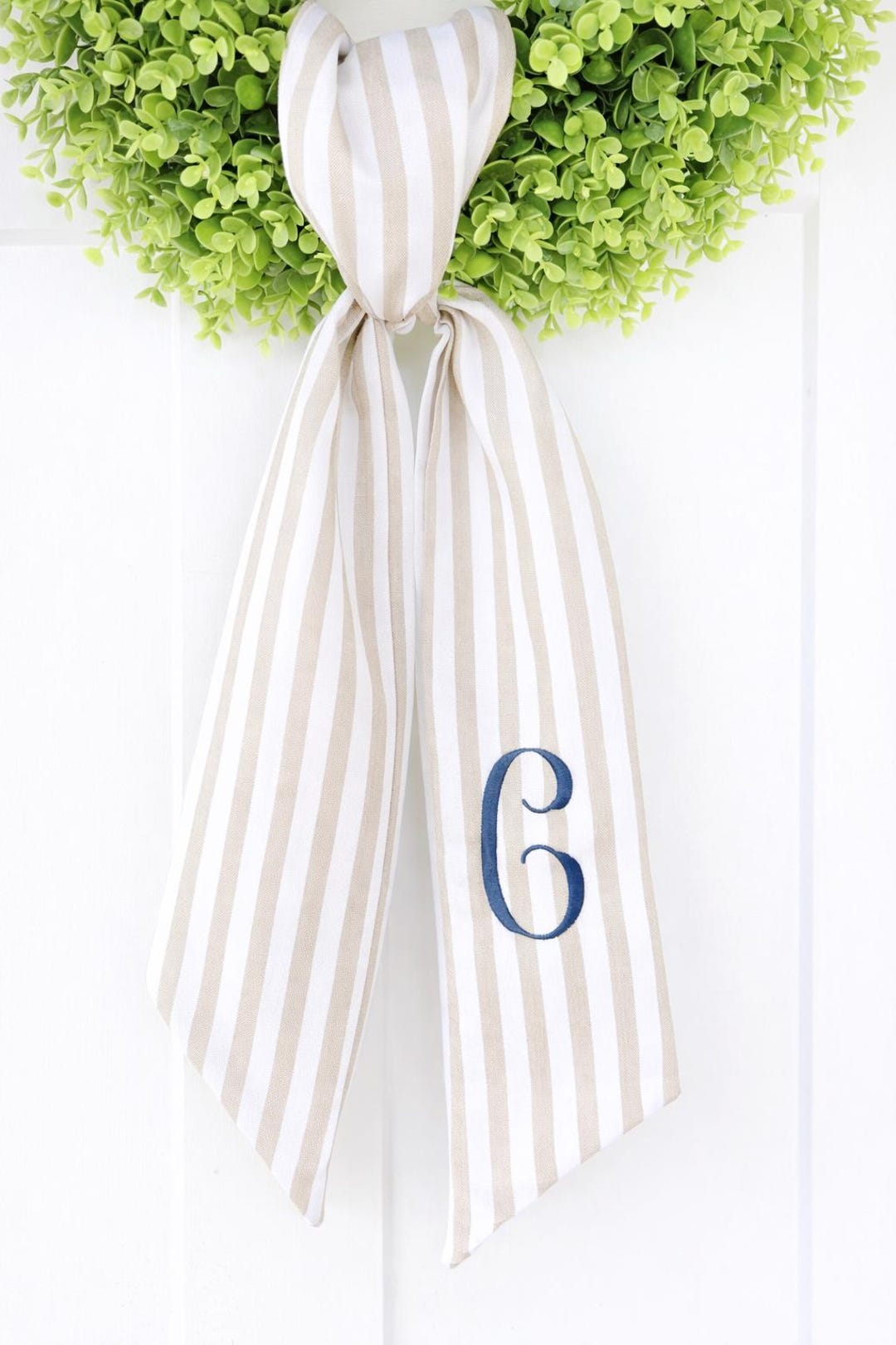 Monogrammed Wreath Sash | Neutral Striped Fabric