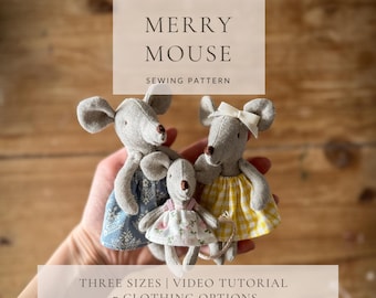 Wzór do szycia „Wesołej Myszki” | Miniaturowa miękka zabawka z materiału, myszki i ubranka DIY | Skala 1:12