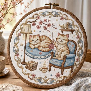 Op de afbeelding: Een ronde borduurring met een kruissteekontwerp van twee oranje cyperse katten. De ene kat slaapt op een blauw kussen, terwijl de andere in een blauwe fauteuil zit en met een bol wol speelt. De scène bevat een vloerlamp, boeken, een theekopje en een plank met een vogel, allemaal omlijst door een decoratieve rand van verstrengelde wijnranken en roze kersenbloesems.