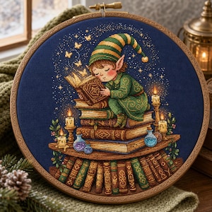 Può includere: Un telaio da ricamo circolare contenente un disegno a punto croce di un piccolo elfo in abito verde che legge un libro seduto su una pila di libri. La scena include candele accese, piccole boccette di vetro e farfalle dorate su tessuto blu.
