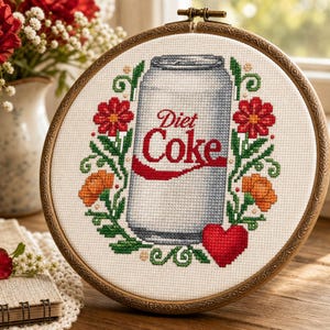May include: A circular wooden embroidery hoop containing a cross-stitch design of a silver Diet Coke can. The can is surrounded by red and orange flowers, green leaves, and a red heart, all stitched onto a white fabric background.