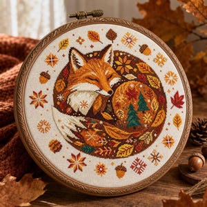 Puede incluir: Un bastidor de bordado circular con un patrón de punto de cruz de un zorro enroscado rodeado de hojas de otoño, bellotas y pequeños pinos. El diseño presenta hilos de colores naranja, marrón, rojo y verde sobre una tela de color crema.