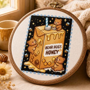 May include: A circular wooden embroidery hoop containing a cross-stitch design of a yellow honey carton labeled BEAR HUGS HONEY. Three brown bears interact with the carton, surrounded by small bees and yellow stars against a black background.