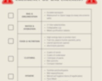 May include: A beige checklist titled "Emergency Go-Bag Checklist" with a red triangle warning symbol at the top. The checklist is divided into sections including Bag & Organization, Water & Hydration, Food & Nutrition, Clothing, Hygiene, First Aid, Electronics, and Important Documents.
