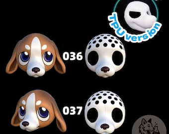 Maschera per cani con muso lungo e giocoso Kawaii Beagle, base stampata in 3D, TPU o PLA opaco, personalizzata, con versioni 036 Giocoso e 037 Bocca aperta