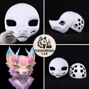 May include: A collage of white fursuit mask components, including a full head, a split head, and a separate back piece with holes. A completed fursuit head with pink, blue, and purple fur, horns, and a cross pendant is also shown. The FursonaWorks Lab logo is in the center.