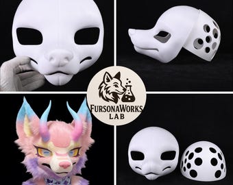 Base per maschera fursuit da volpe americana a muso lungo, stampata in 3D in resistente materiale PLA con altezza personalizzabile da 25 a 29 cm, ideale per appassionati di furry e artigianato fai-da-te.