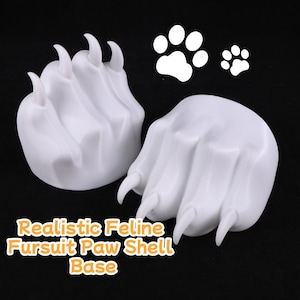 May include: Two white, realistic feline fursuit paw shell bases with curved claws. The image includes two white paw prints and text that reads "Realistic Feline Fursuit Paw Shell Base". The paws are on a black background.