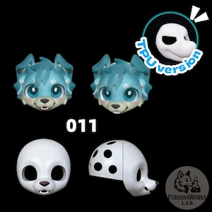 May include: A selection of 3D-printed animal head models, featuring a blue-haired dog and a white canine with black spots. The number "011" is displayed below the dog heads. A small inset shows a white mask. The FursonaWorks Lab logo is in the bottom right.