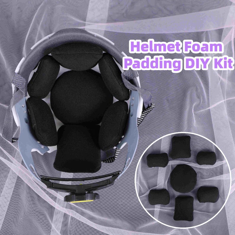 May include: A white and gray helmet interior with black foam padding. The image includes a close-up of the padding pieces and the text "Helmet Foam Padding DIY Kit".