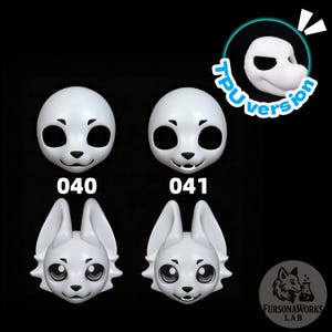 May include: Four white, stylized animal masks with black eye openings and smiling mouths. Two masks are round, and two have large ears. The masks are labeled "040" and "041". A smaller mask is in a circle with the text "TPU version". The FursonaWorks Lab logo is in the bottom right.