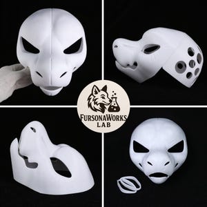 May include: Four white, unfinished fursuit mask bases in various stages of assembly. The masks feature stylized animal designs with large eye openings and detailed features. The image includes the "FursonaWorks Lab" logo and some elastic straps.