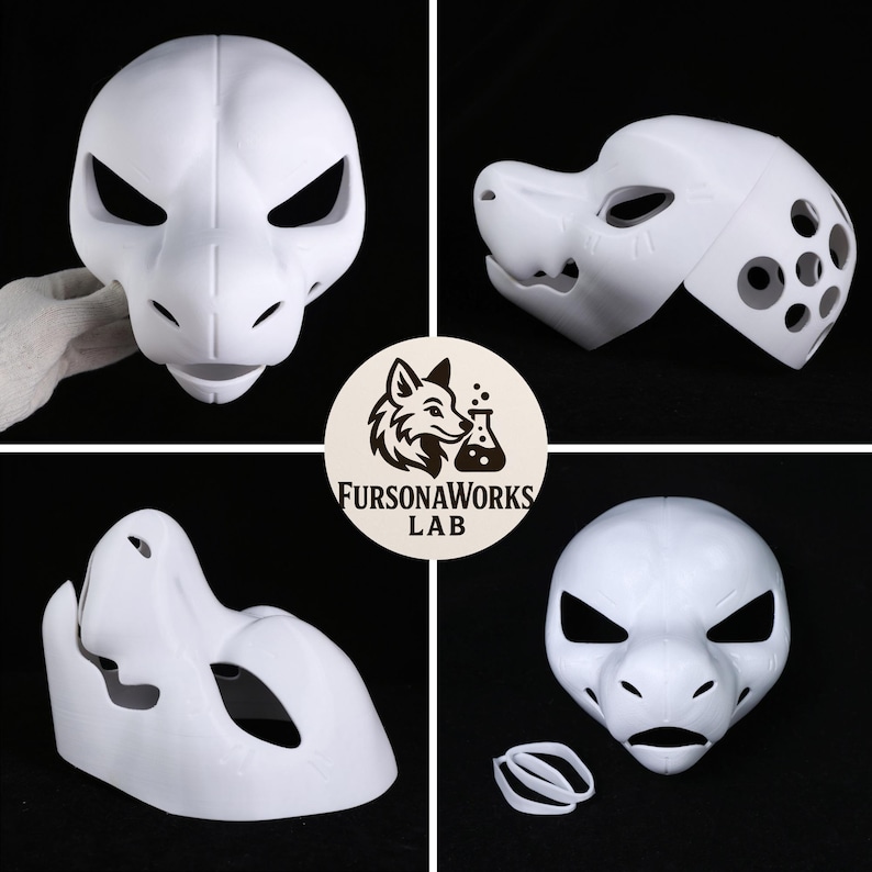 May include: Four white, unfinished fursuit mask bases in various stages of assembly. The masks feature stylized animal designs with large eye openings and detailed features. The image includes the "FursonaWorks Lab" logo and some elastic straps.