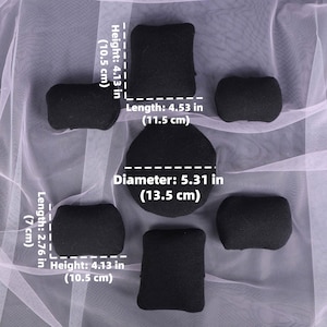 May include: A collection of black fabric items, including rectangular and oval shapes, are arranged on a light background. The dimensions are labeled: height 4.13 in (10.5 cm), length 4.53 in (11.5 cm), diameter 5.31 in (13.5 cm), and length 2.76 in (7 cm).