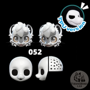 May include: A collection of white and gray 3D-printed animal heads, including two complete faces and two split-face designs. The number "052" is displayed. A circular graphic reads "TPU version". The FursonaWorks Lab logo is in the bottom right.