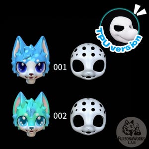 May include: A collection of 3D-printed animal masks and heads in various colors, including blue and green. The masks have large eye openings and are designed with cartoonish features. The image also includes the text "TPU version" and the FursonaWorks Lab logo.