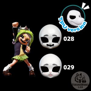 May include: An image showing a character figure in a green and black outfit, alongside two white masks with black eye and mouth details. The masks are labelled "028" and "029". A "FursonaWorks Lab" logo is visible.