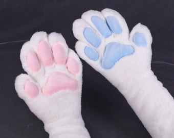 Guanti lunghi da fursuit colorati dal design originale, con fodera morbida e cuscinetti per le zampe personalizzabili, accessorio per costume da furry.