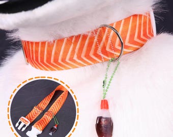 Cute Salmon Print Fursuit Cosplay Collar With Mini Soy Fish Charm Decor Accessory