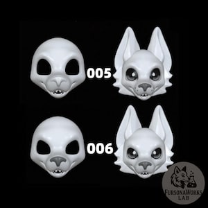 May include: Four unpainted white fursuit heads. Two are simple, with large eye openings and a snout. The other two have large ears and detailed facial features. The numbers "005" and "006" are printed on the image.