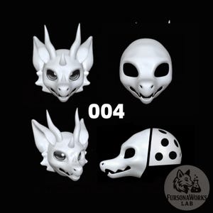 May include: Four white, stylized animal masks are displayed against a black background. Two masks resemble dragons, one has a reptile-like appearance, and the last one is a dog-like mask with a dotted pattern. The number "004" is in the center.