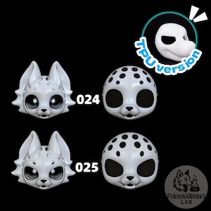 May include: White 3D-printed animal masks with large eyes and a small nose. One mask has a spotted pattern. The image includes the text "TPU version", "024", and "025". The masks are from FursonaWorks Lab.