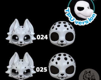 Maschera per cani giapponese con base per la testa di un costume da pelliccia, stampata in 3D, in TPU opaco PLA personalizzato, con opzioni per occhi rotondi 024 o quadrati 025