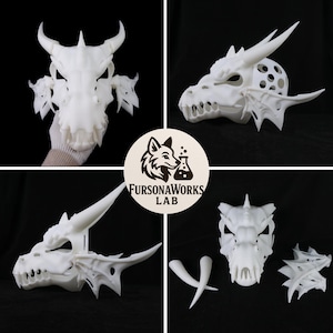 May include: A collection of white dragon skull masks and components, including horns and jaw pieces. The masks feature detailed, textured surfaces and are displayed against a black background. The FursonaWorks Lab logo is also visible.
