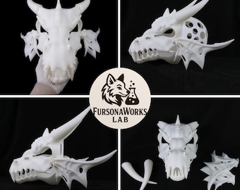Base per la testa originale del costume da drago, mascella inferiore articolata, maschera da drago in PLA stampata in 3D, corna opzionali, guance e ali, dimensioni personalizzate da 250 mm a 290 mm