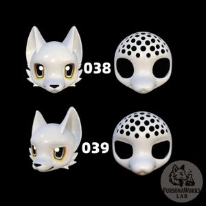 May include: White, stylized animal mask components. Two complete masks and two mask halves are shown. The masks have large eyes and a fox-like snout. The number "038" and "039" are printed on the image.