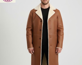 Mens Long Shearling Trench Coat |  Leather Winter Overcoat | Warm Shearling Fur Jacket for Men