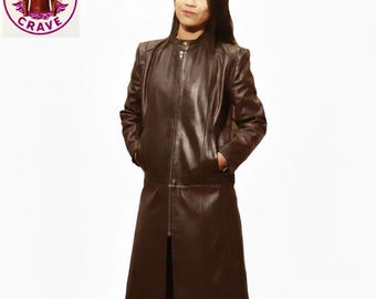 Women’s Long Brown Original Leather Coat – Full-Length Zip-Up Stylish Outerwear