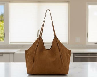 Wildleder Tote Bag, Tan Slouchy Hobo Schultertasche, übergroße Boho Wildleder Geldbörse, echtes Leder, Alltagstasche, Geschenk für Sie