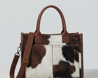 Cowhide Leather Tote Bag, Cow Print Work Tote, Western Handbag, Genuine Leather Purse, Crossbody Tote Bag, Gift for Her.